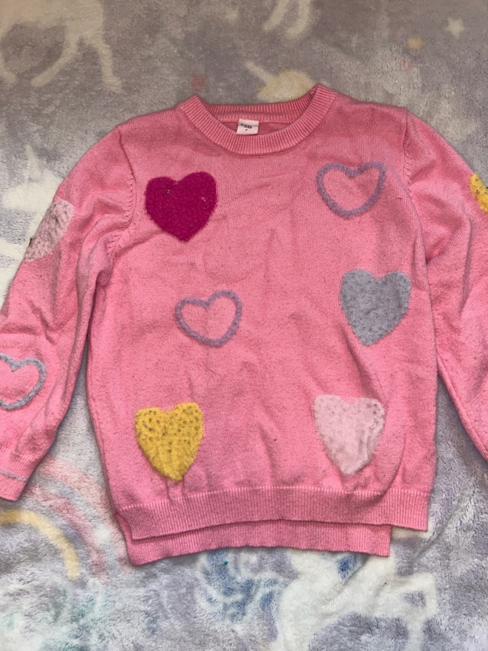 SHEIN Pink Heart Appliqué Crewneck Sweater